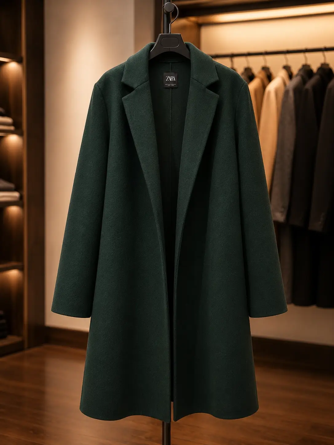ZARA Forest green long wool-blend coat — front full length hanger