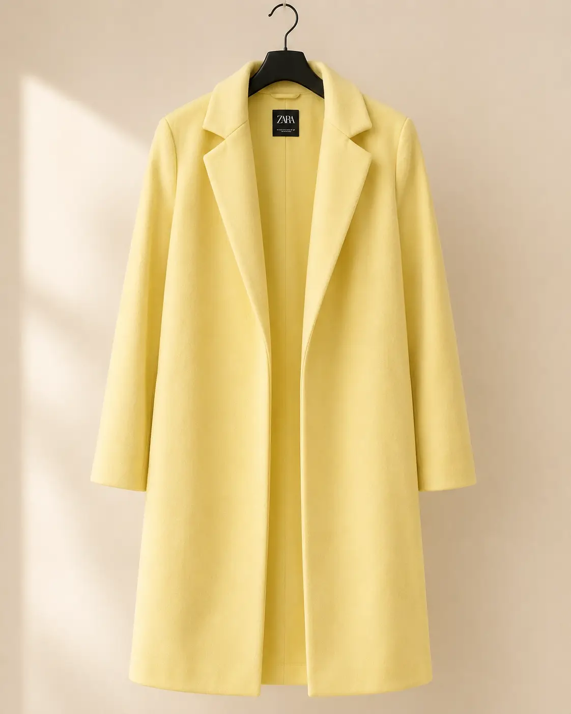 ZARA Butter yellow long wool-blend coat — front full length hanger
