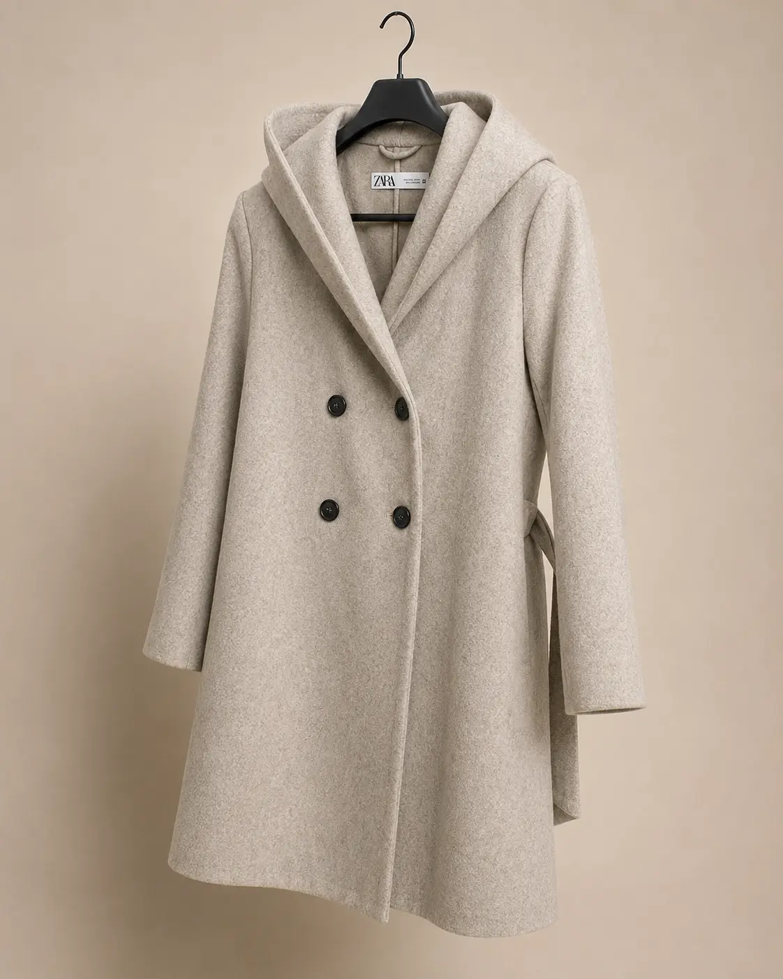 Three-quarter view — ZARA oatmeal heather hooded coat