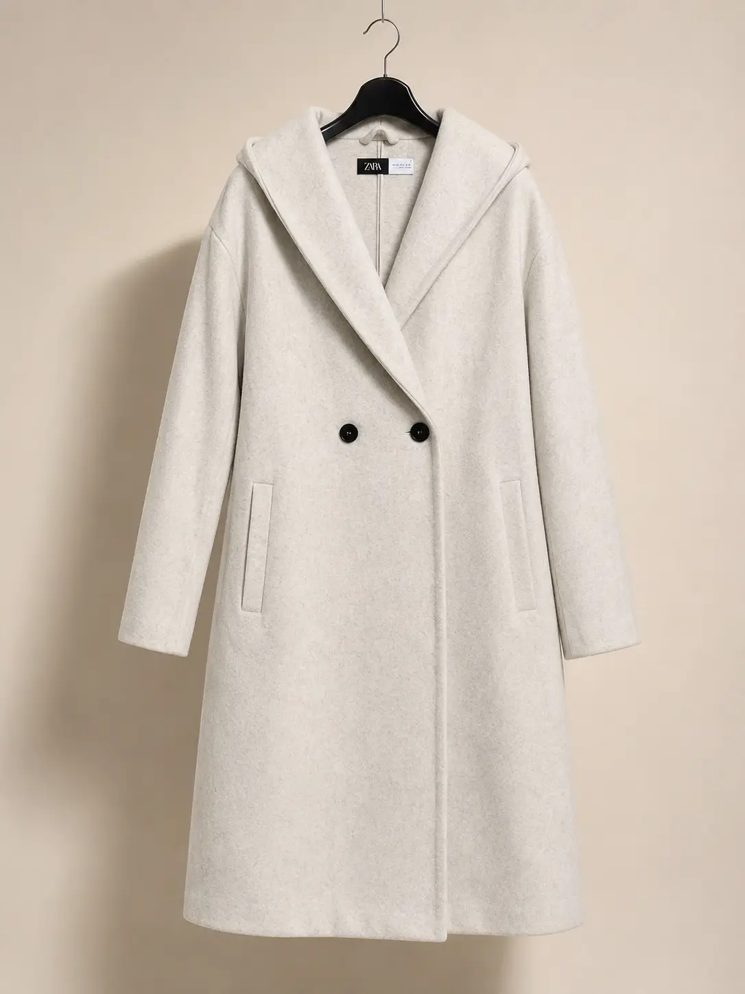 ZARA Ivory heather oversized hooded coat — front full length hanger