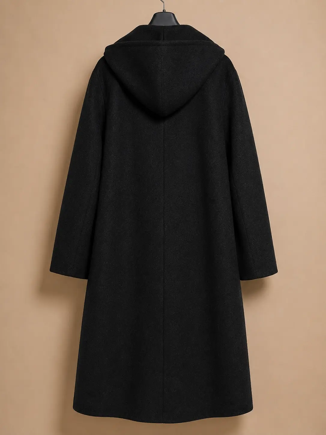 ZARA Black heather oversized hooded coat — back full length hanger