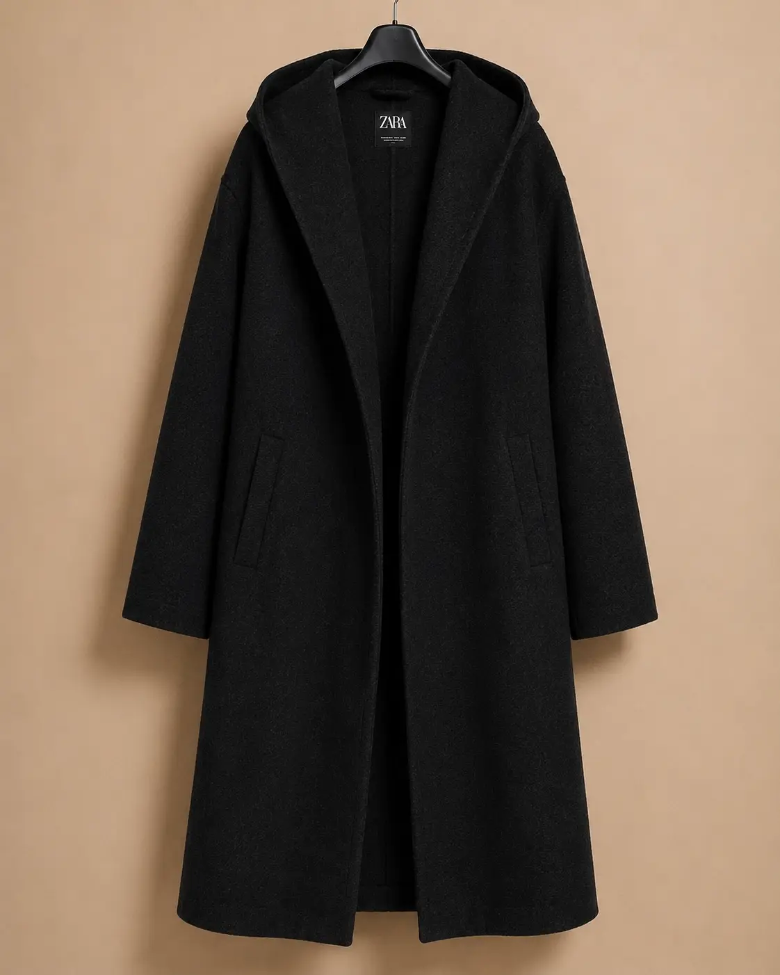 ZARA Black heather oversized hooded coat — front full length hanger