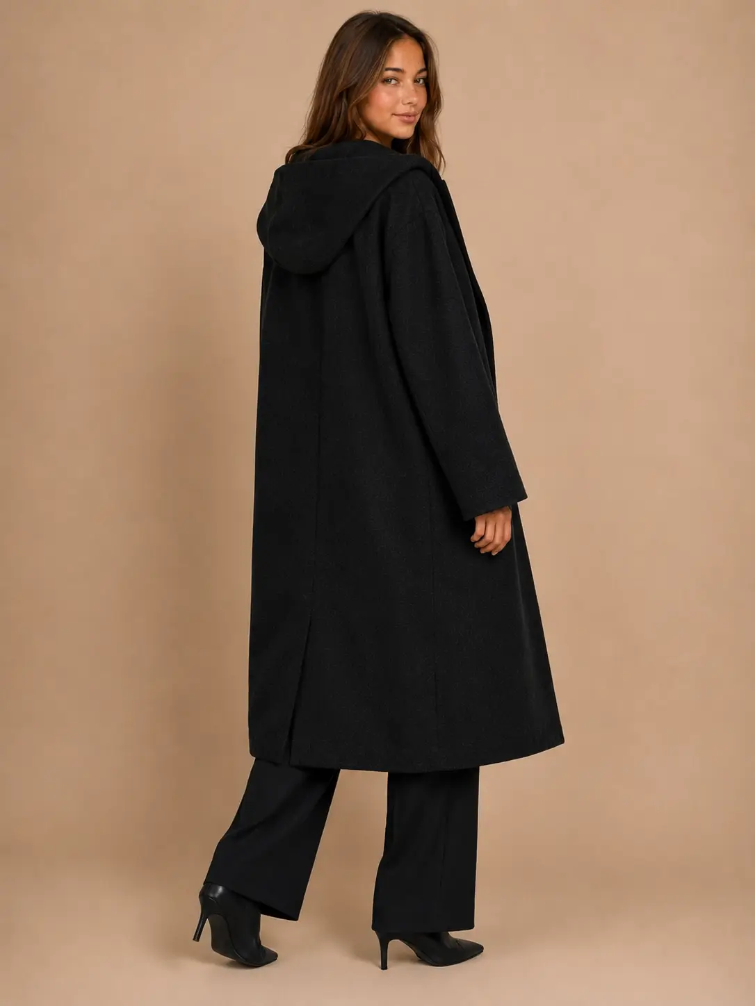 Model wearing ZARA black heather hooded coat — back