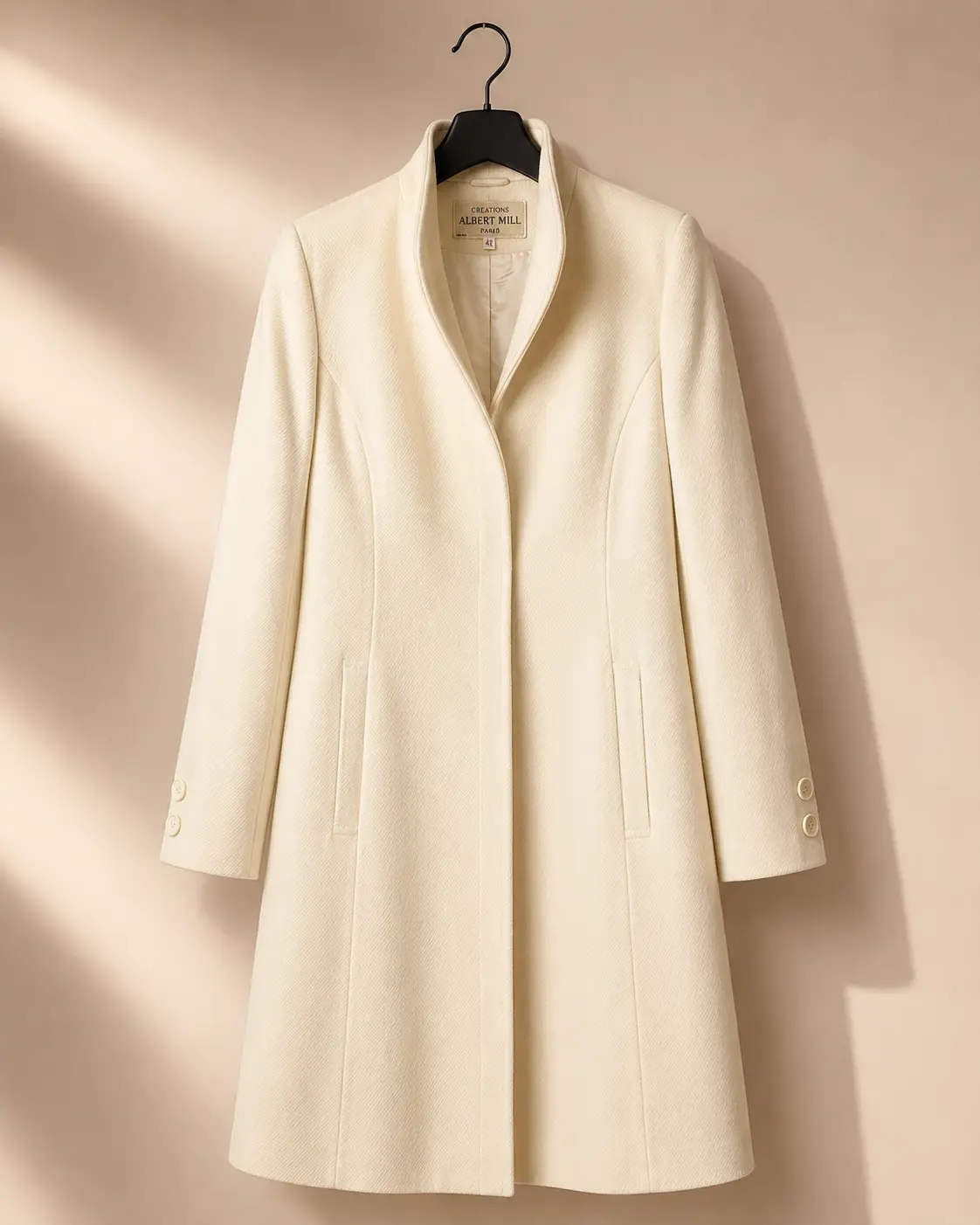 Front view of Creations Albert Mill Ivory Standing-Collar Coat