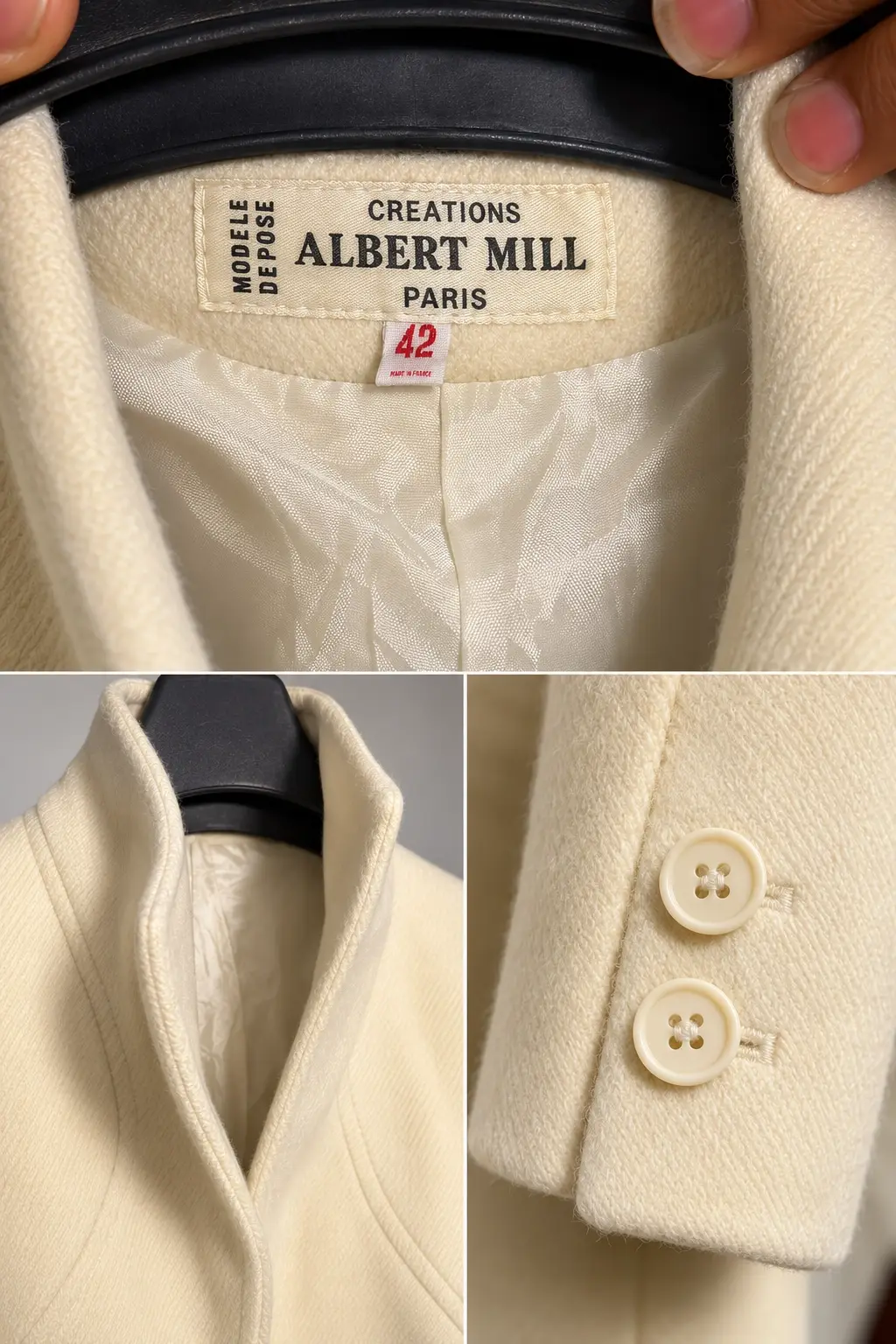 Three-quarter view of Creations Albert Mill Ivory Standing-Collar Coat