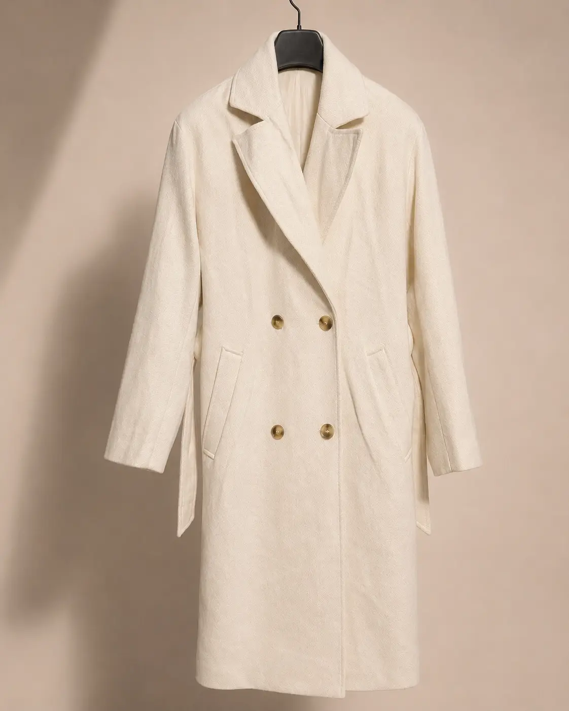 Front view of H&M Divided Ivory Belted Double-Breasted Coat