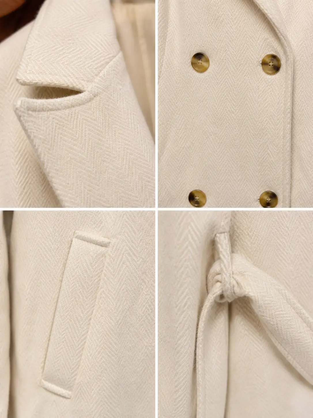 Three-quarter view of H&M Divided Ivory Belted Double-Breasted Coat