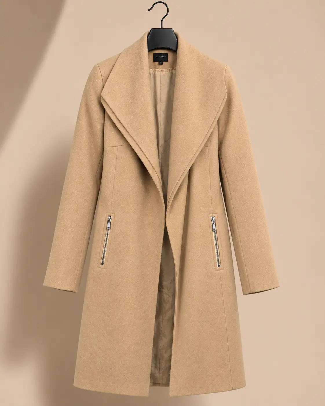 Front view of New Look Camel Waterfall Zip-Pocket Coat