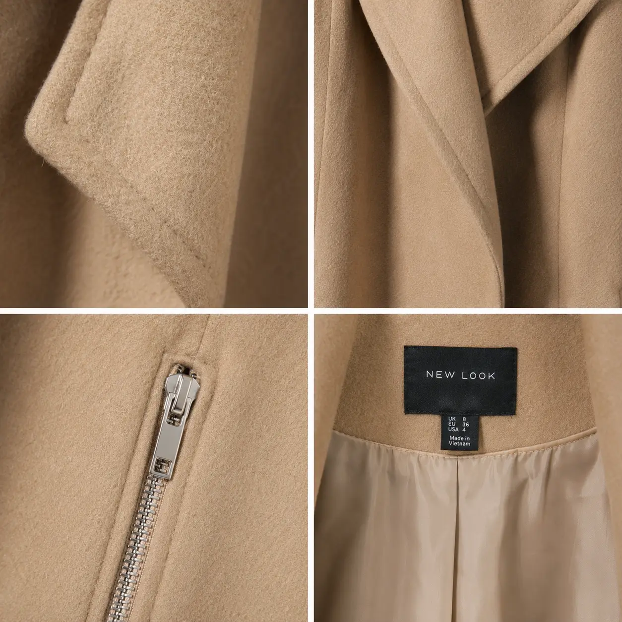 Three-quarter view of New Look Camel Waterfall Zip-Pocket Coat