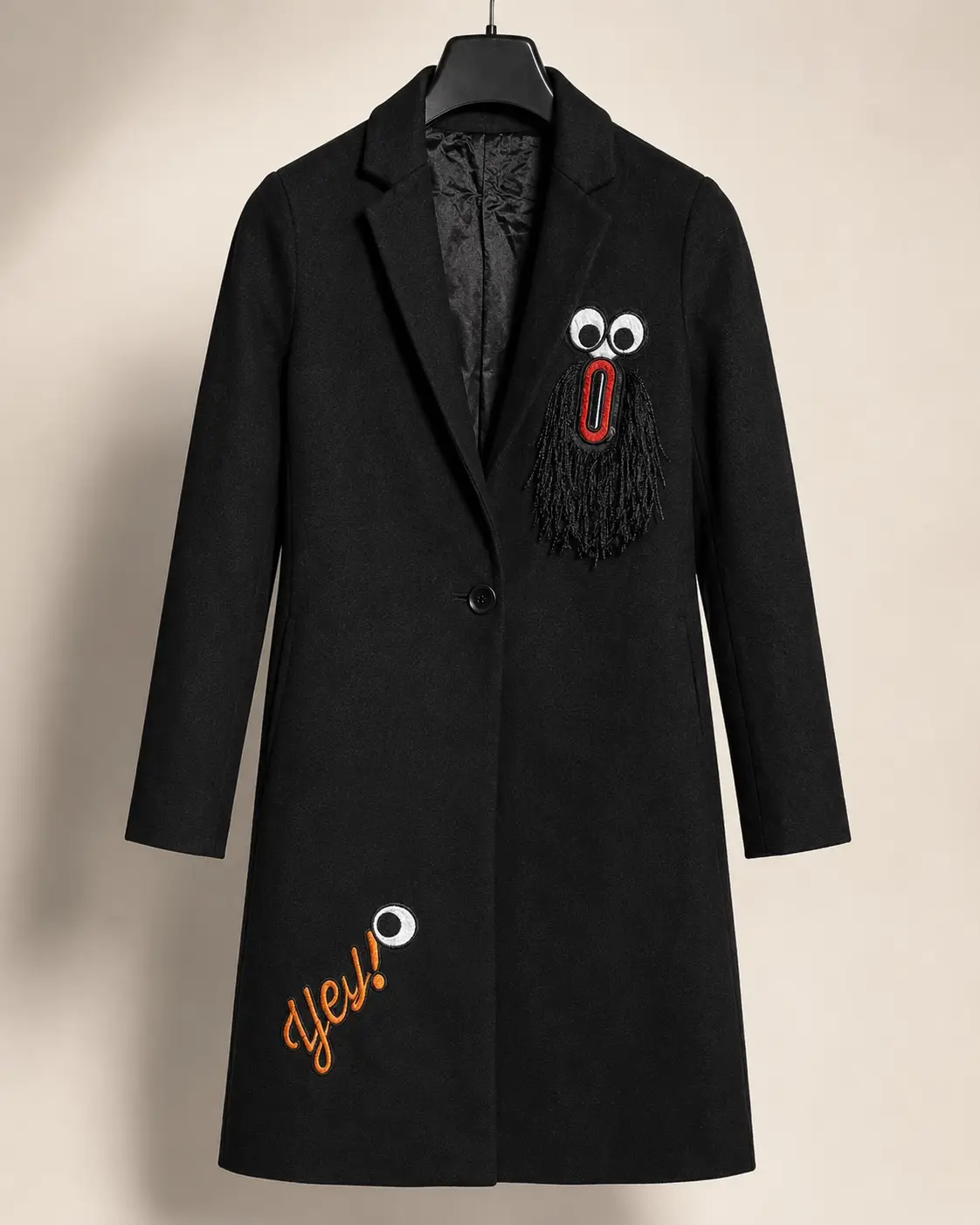 Front view of Pancoat Black Embroidered Statement Overcoat