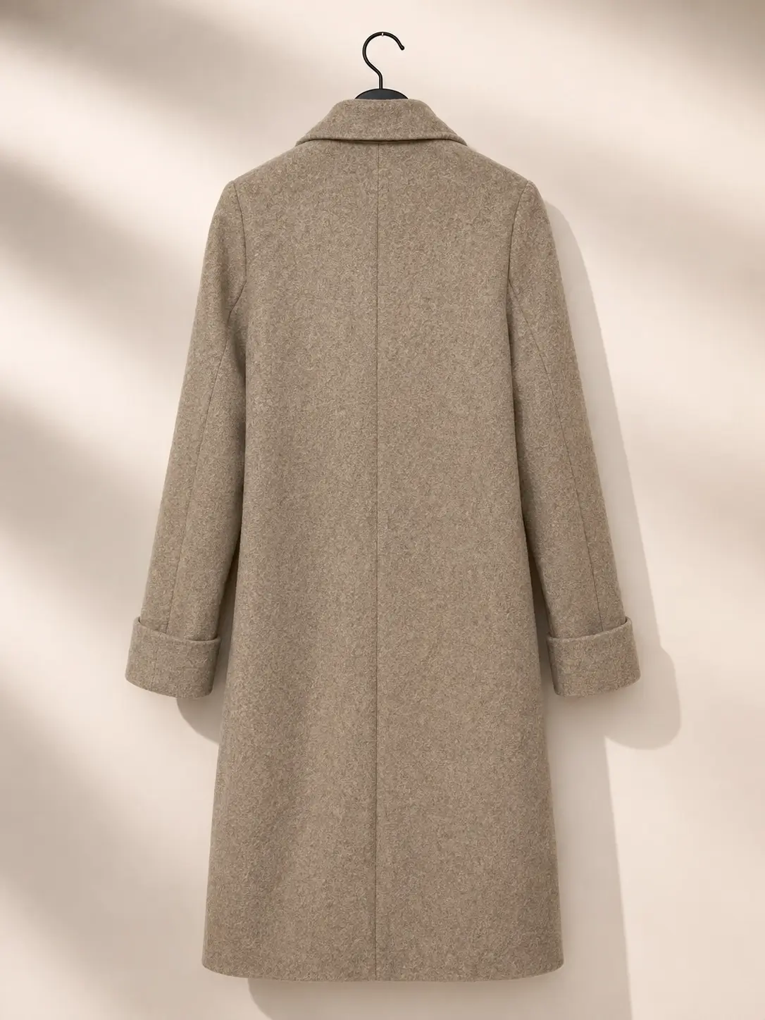 Back view of Papaya Taupe Heather Long Tailored Coat