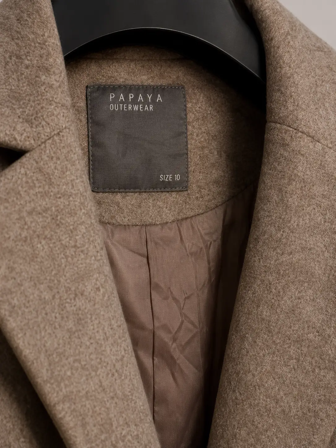 Construction detail of Papaya Taupe Heather Long Tailored Coat