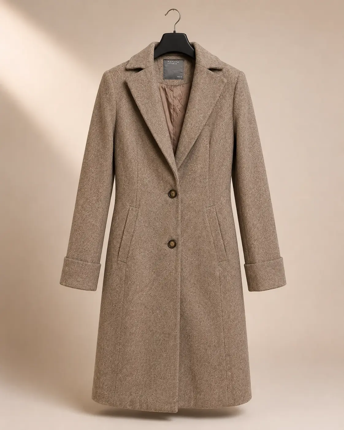 Front view of Papaya Taupe Heather Long Tailored Coat