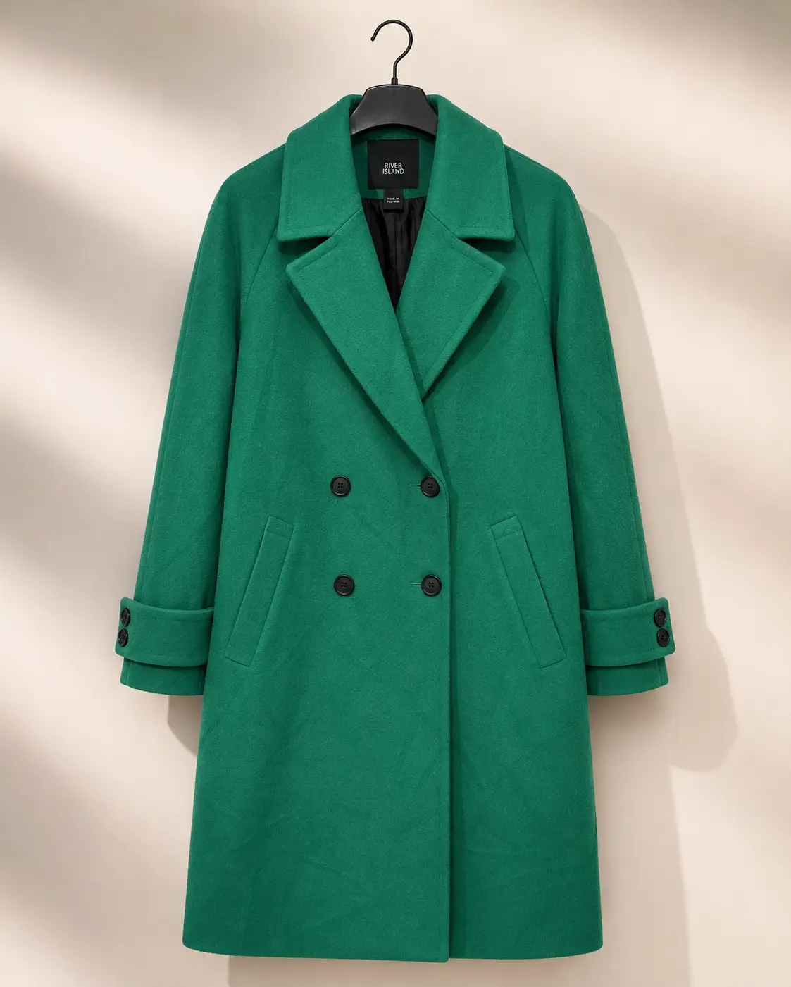 Front view of River Island Emerald Green Double-Breasted Coat