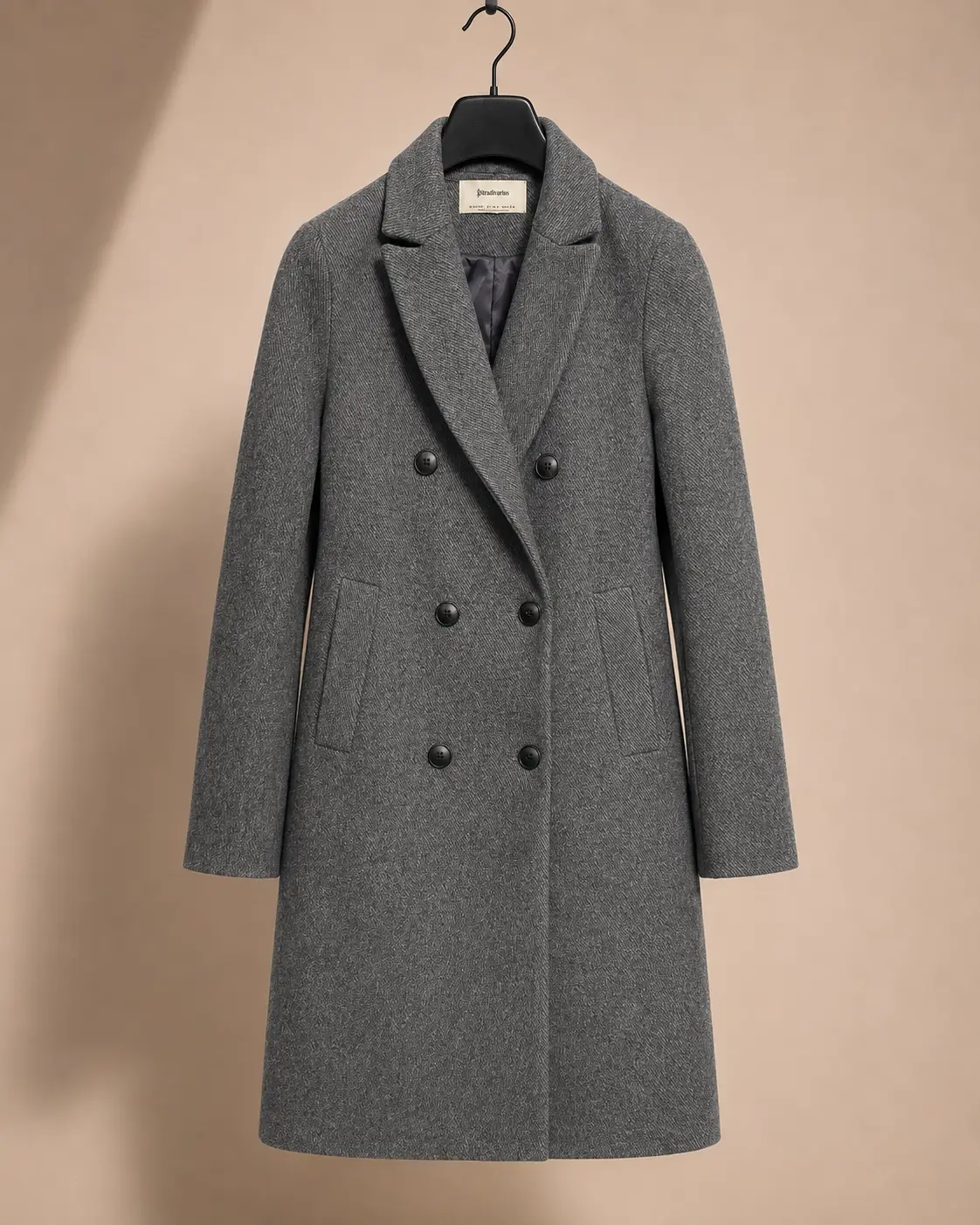 Front view of Stradivarius Charcoal Double-Breasted Tailored Coat