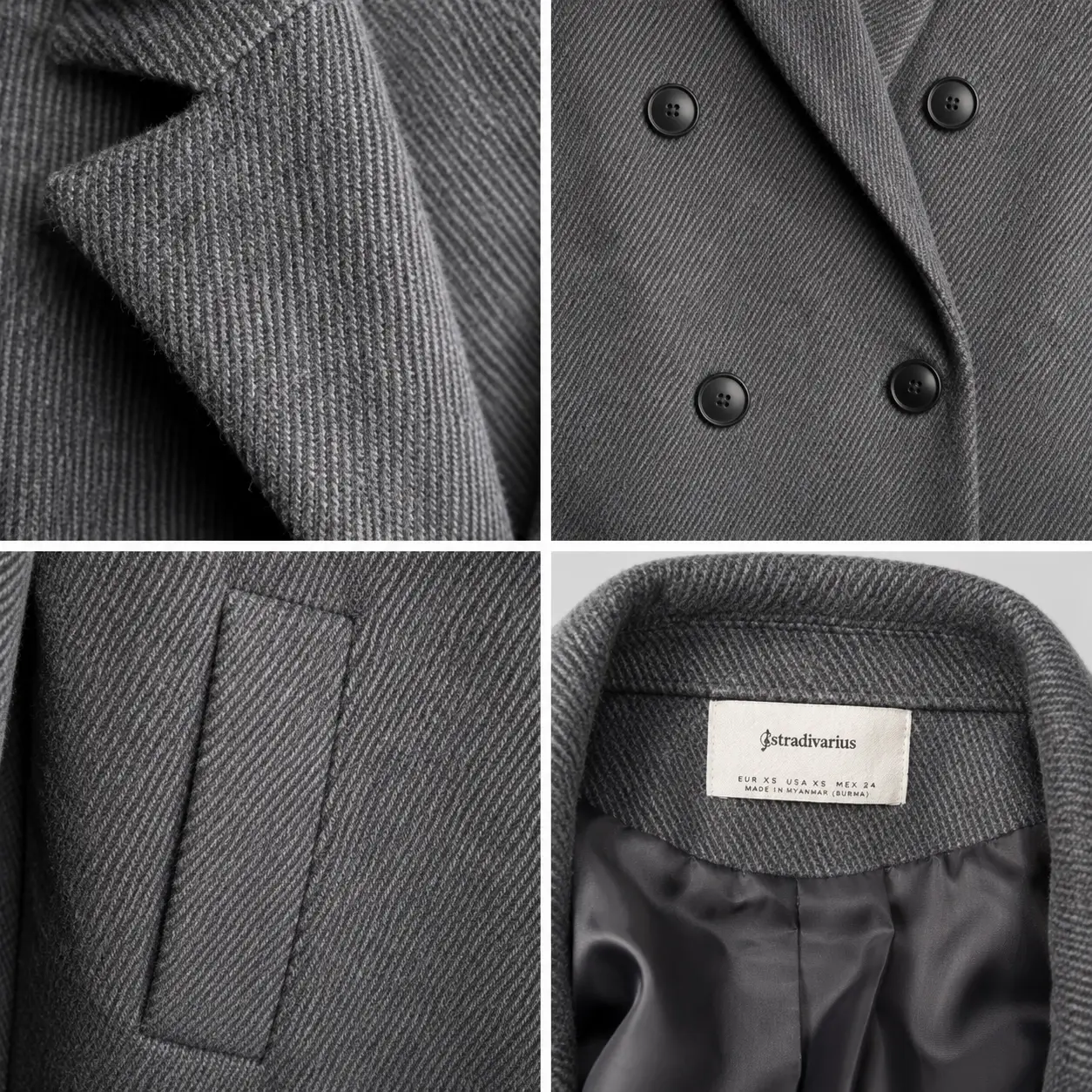 Three-quarter view of Stradivarius Charcoal Double-Breasted Tailored Coat