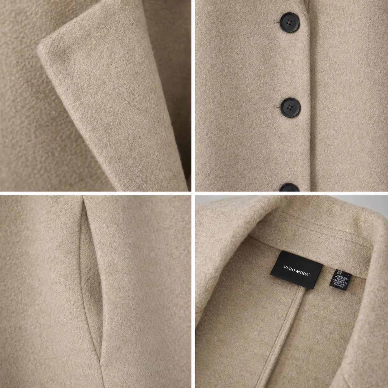 Three-quarter view of Vero Moda Oatmeal Three-Button Overcoat