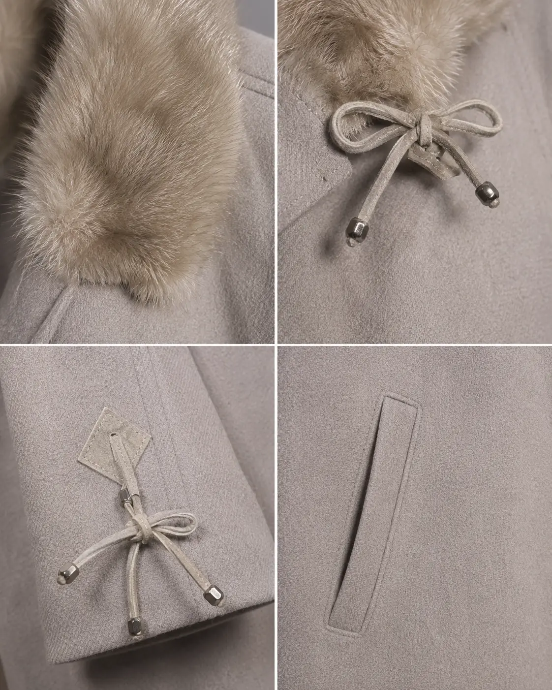 Three-quarter view of Your Sixth Sense Dove Grey Faux-Fur Collar Coat