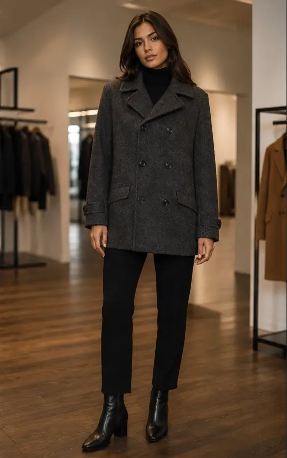 Model Front Full view of Primark Charcoal Heather Double-Breasted Pea Coat