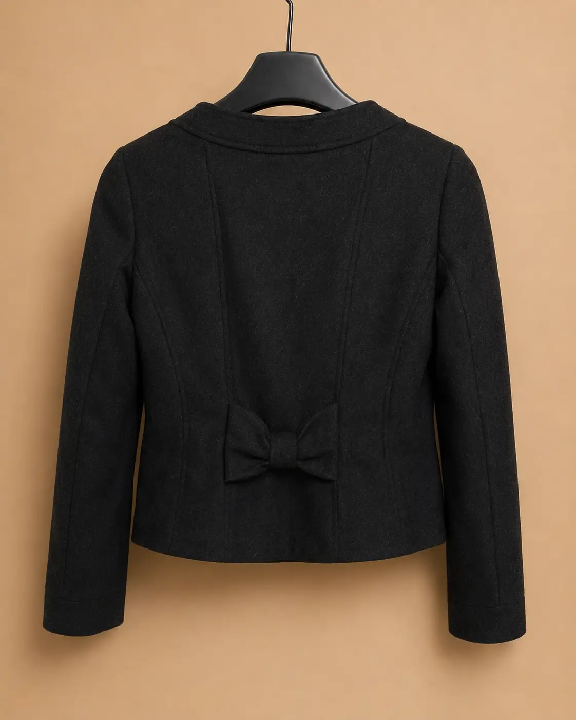 Back view of Black Wool Cropped Bow-Back Jacket