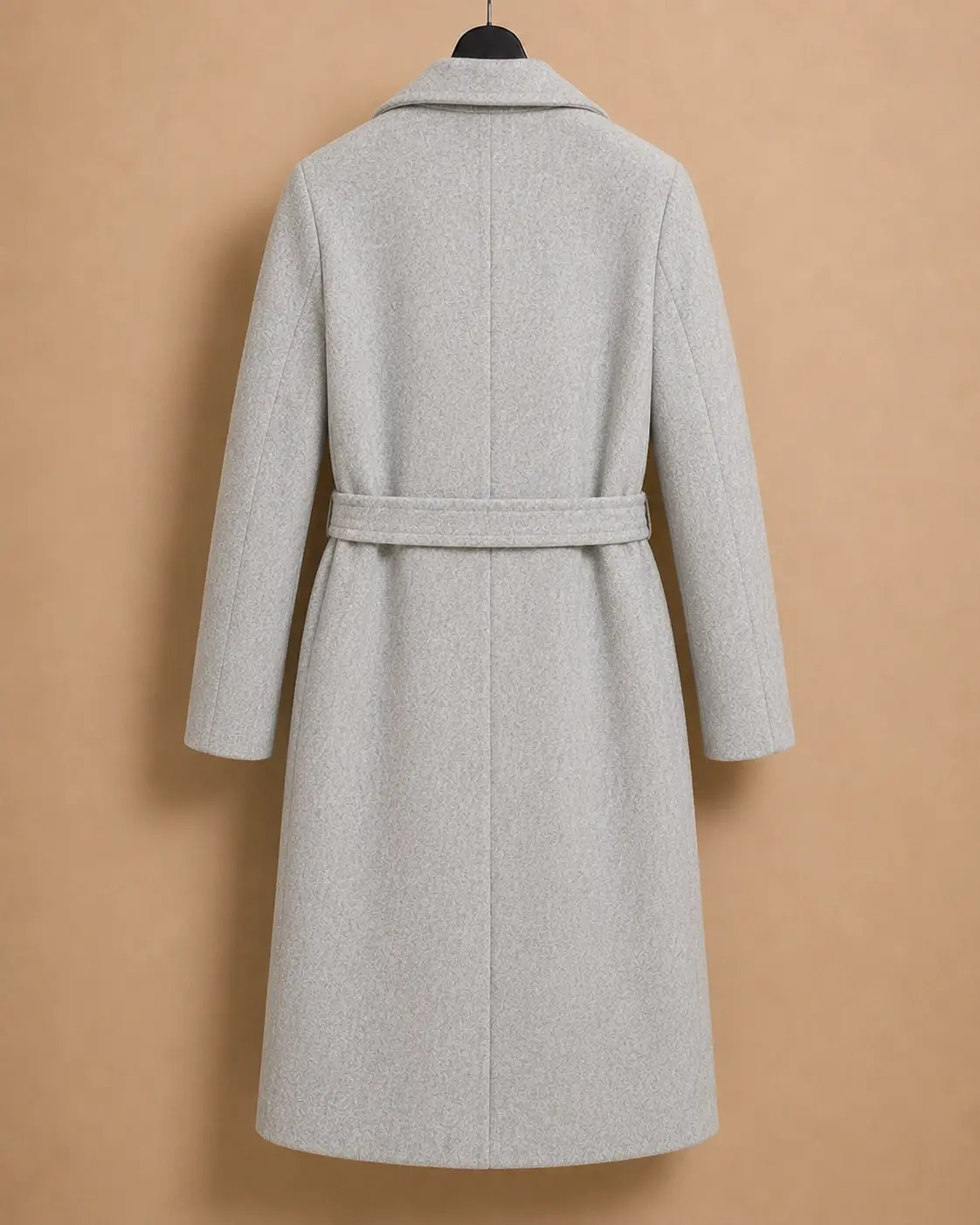 Back view of Heather Grey Belted Wool Coat