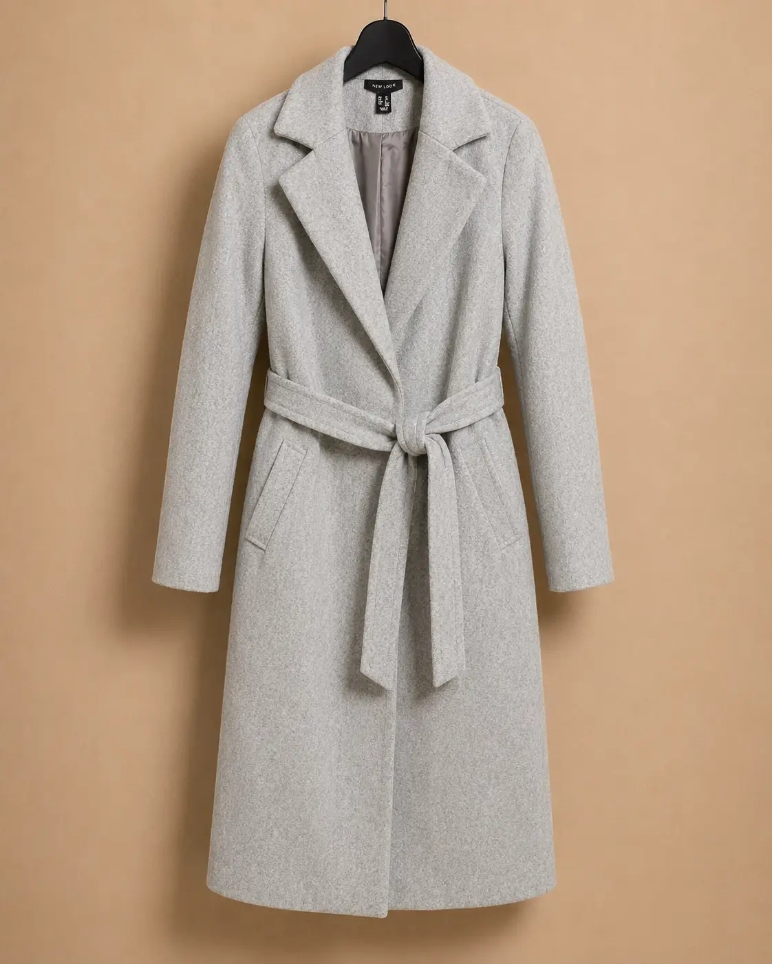 Front view of Heather Grey Belted Wool Coat