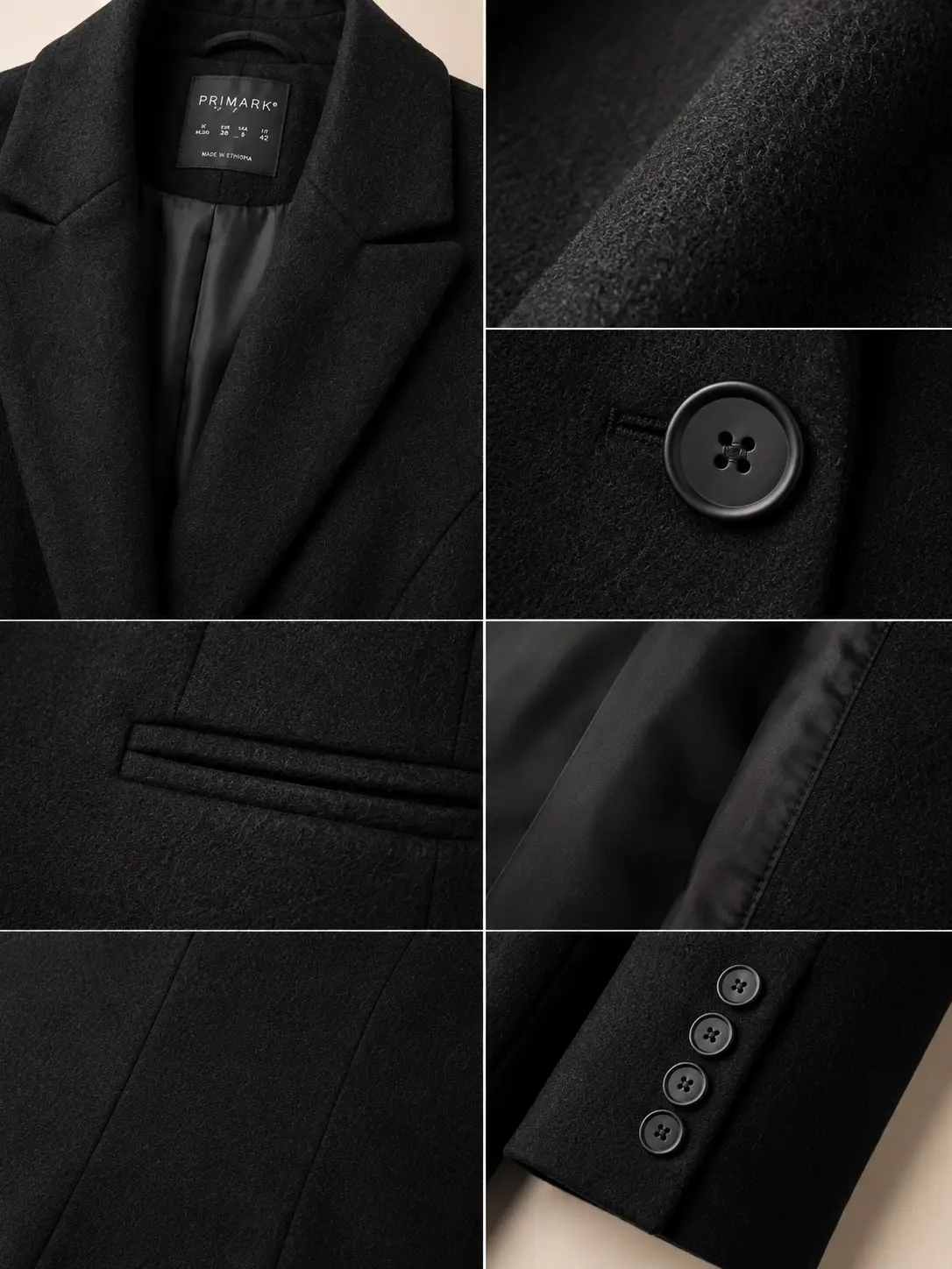 Close-up of the brushed black wool-blend fabric, notch lapel, button stitching and horizontal welt pocket on the Primark tailored coat.