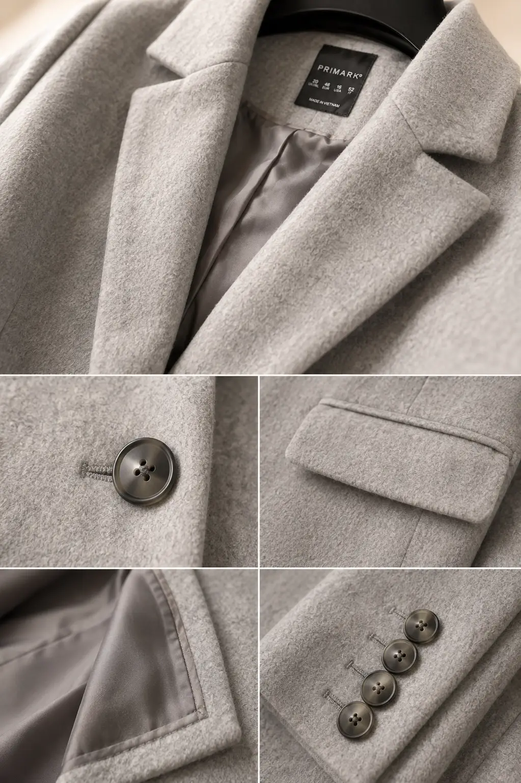 Close-up of the brushed wool-blend texture, notch lapel, button stitching and horizontal welt pocket on the Primark light heather grey tailored coat.