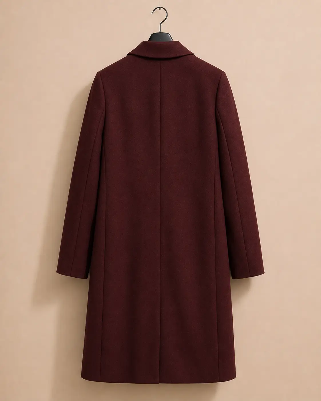 ZARA deep burgundy single-button long wool-blend coat — back view