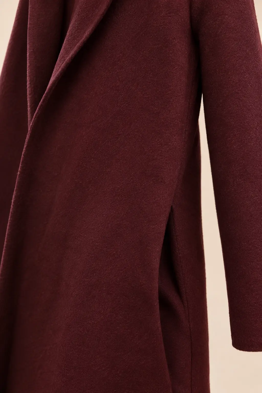 ZARA deep burgundy single-button long wool-blend coat — detail