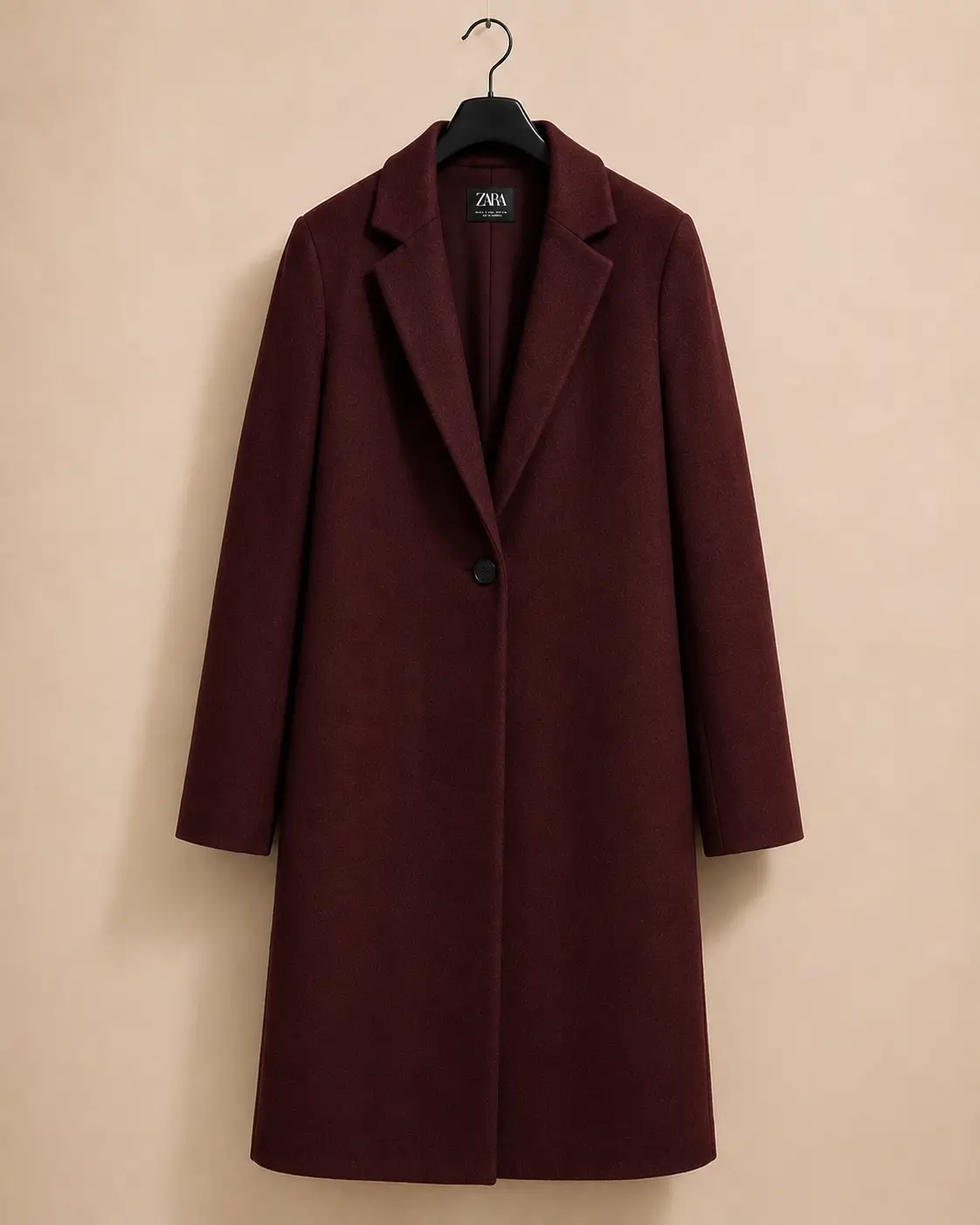 ZARA deep burgundy single-button long wool-blend coat — front view