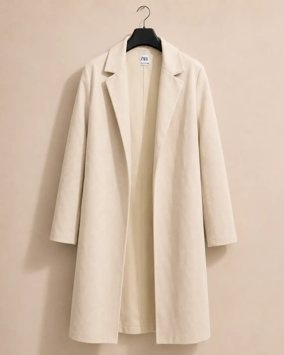 ZARA ivory cream suede-touch open-front long coat — front view