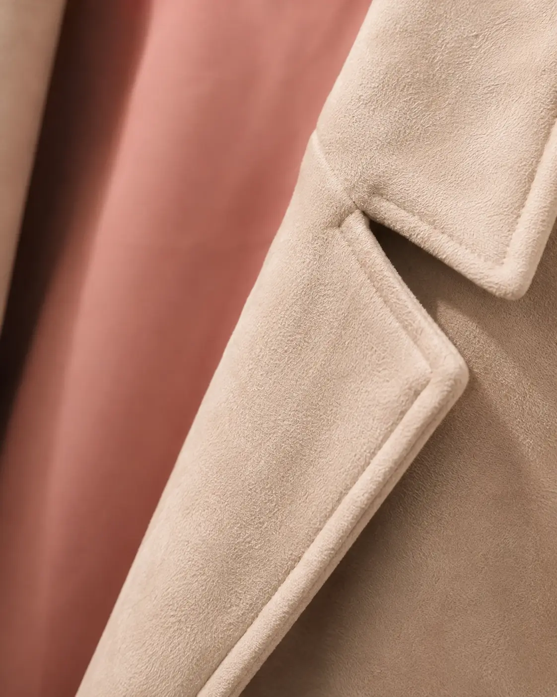 ZARA blush beige suede-touch open-front long coat — detail
