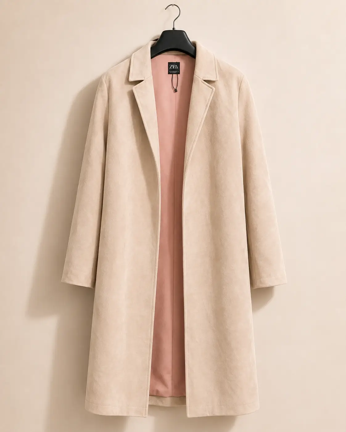 ZARA blush beige suede-touch open-front long coat — front view