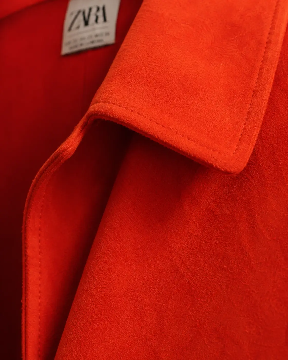 ZARA vermilion suede-touch open-front long coat — detail
