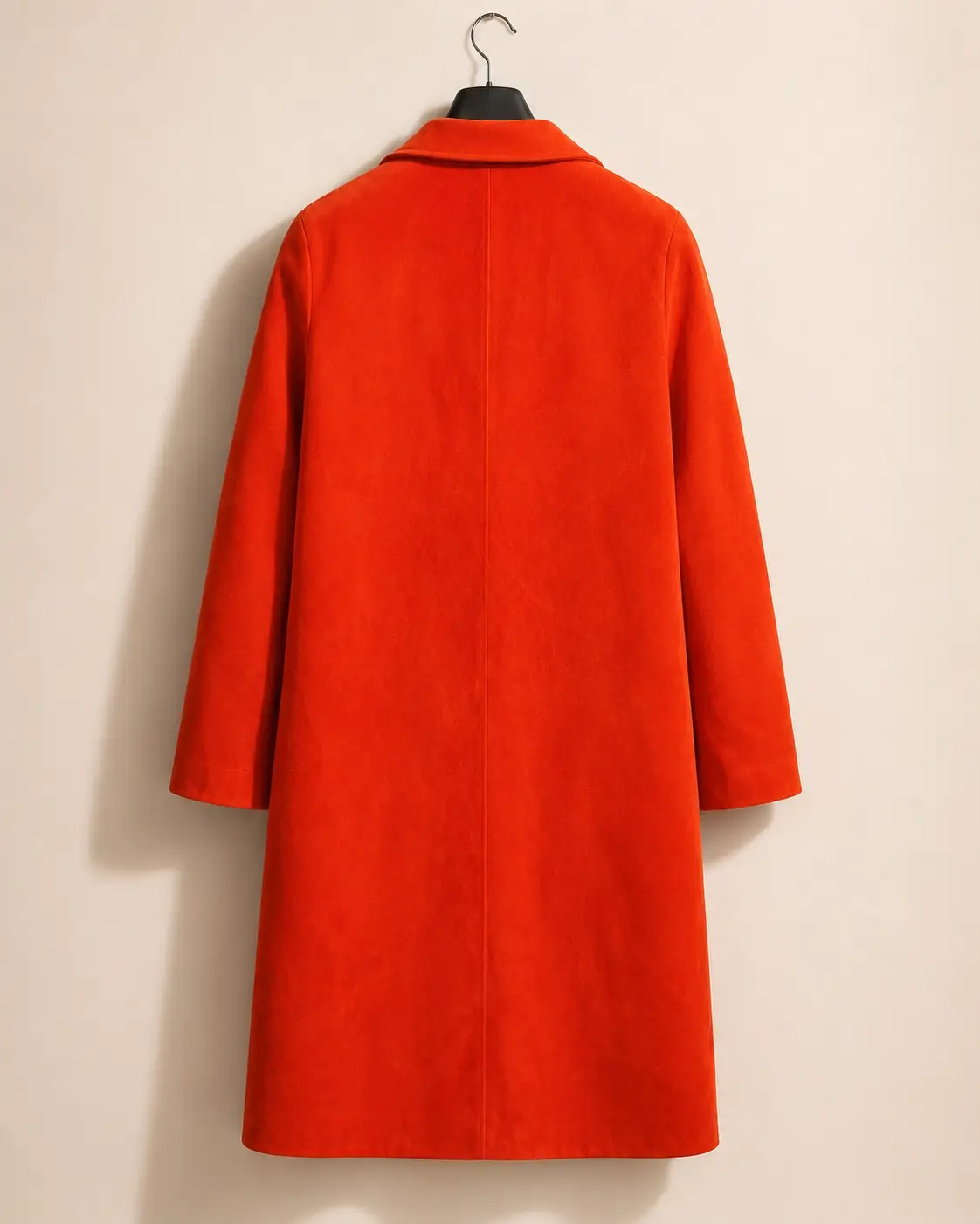 ZARA vermilion suede-touch open-front long coat — back view