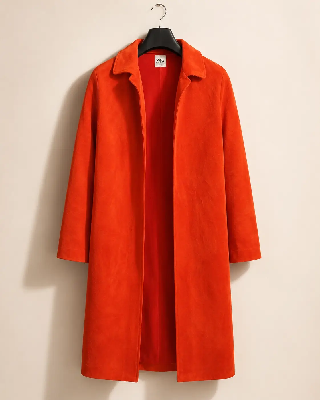 ZARA vermilion suede-touch open-front long coat — front view