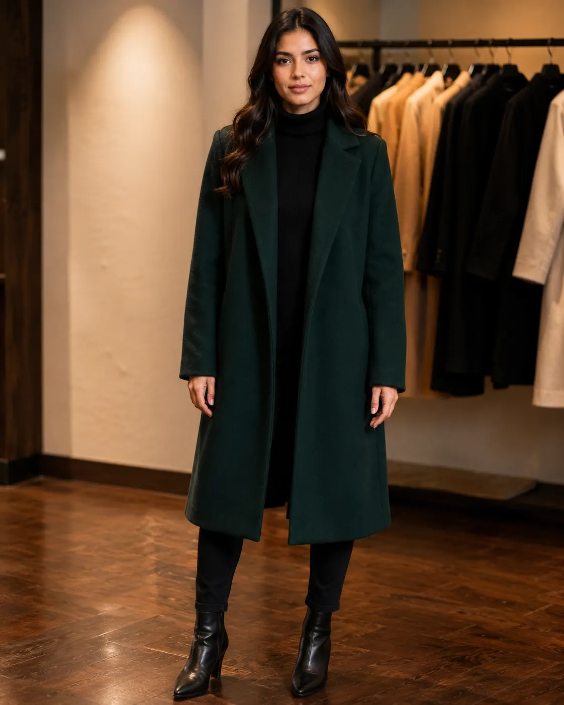ZARA Forest Green Long Wool-Blend Coat