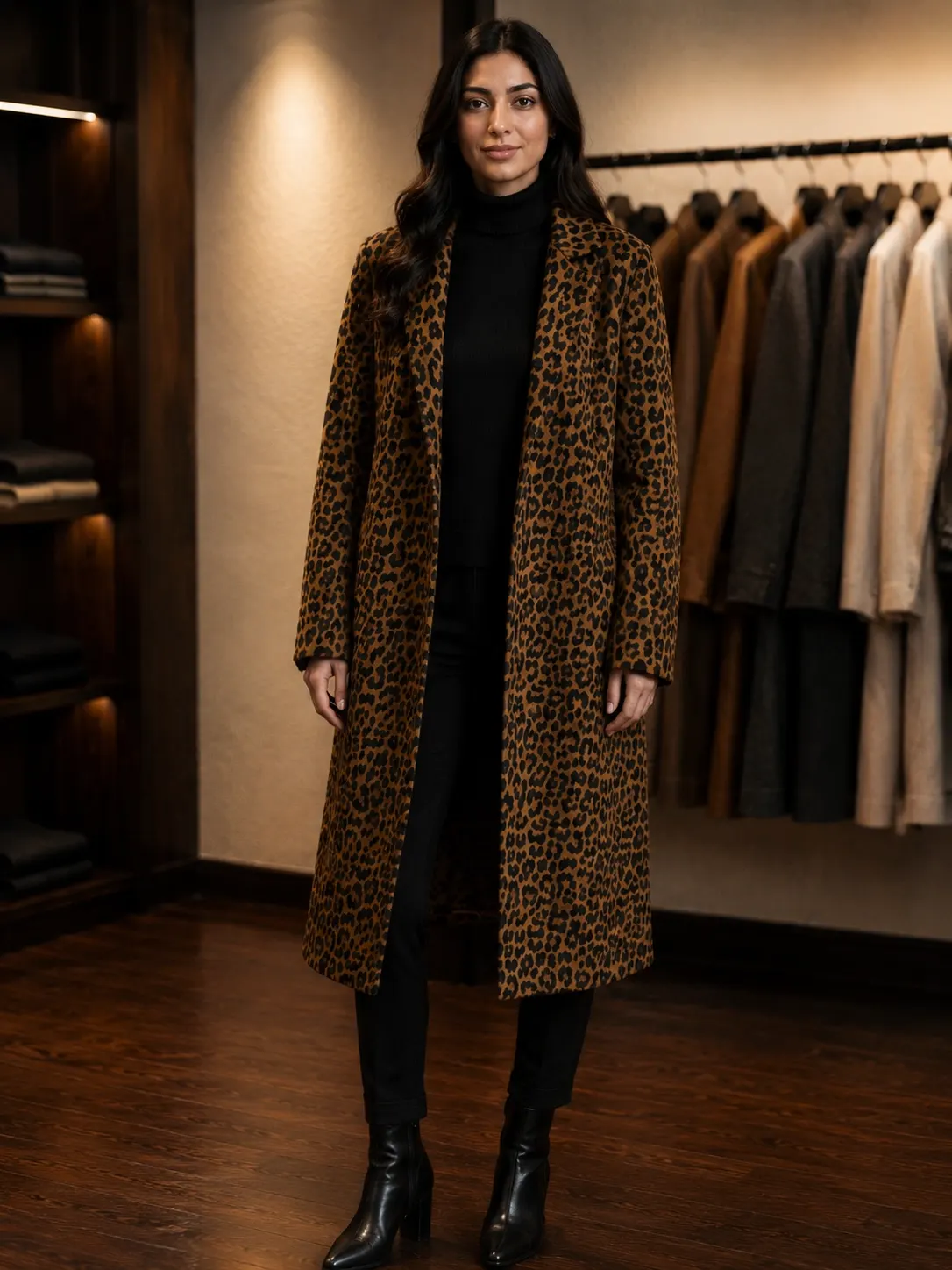 ZARA Leopard Print Long Wool-Blend Coat