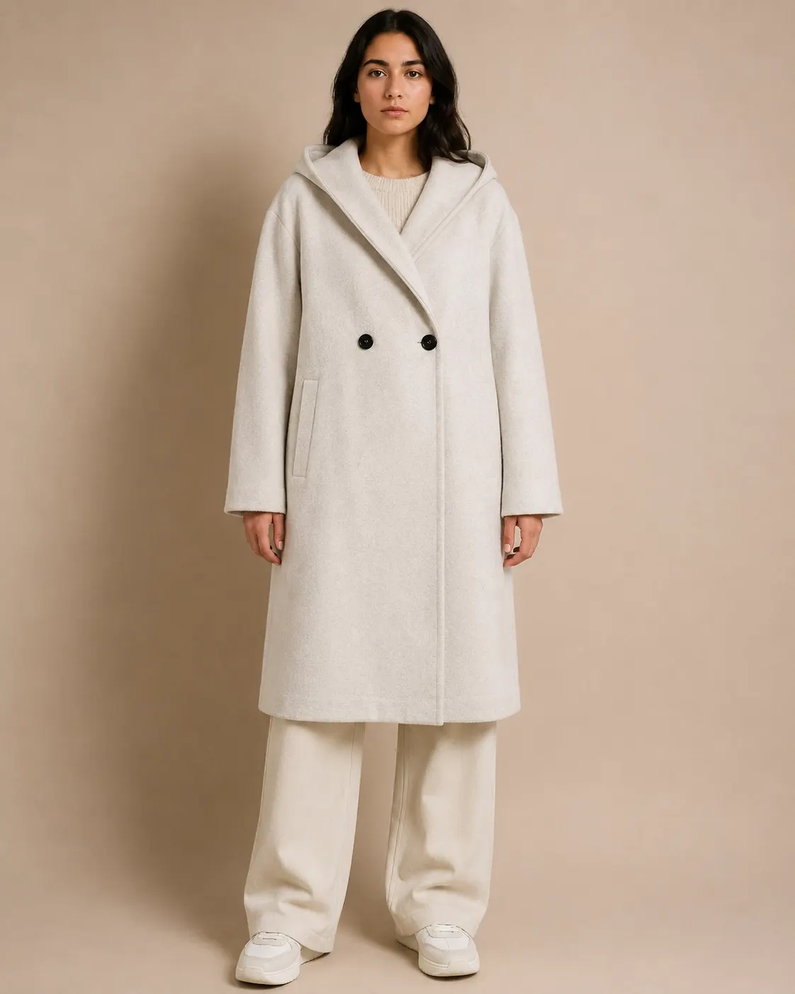ZARA Ivory Heather Oversized Hooded Wool-Blend Coat