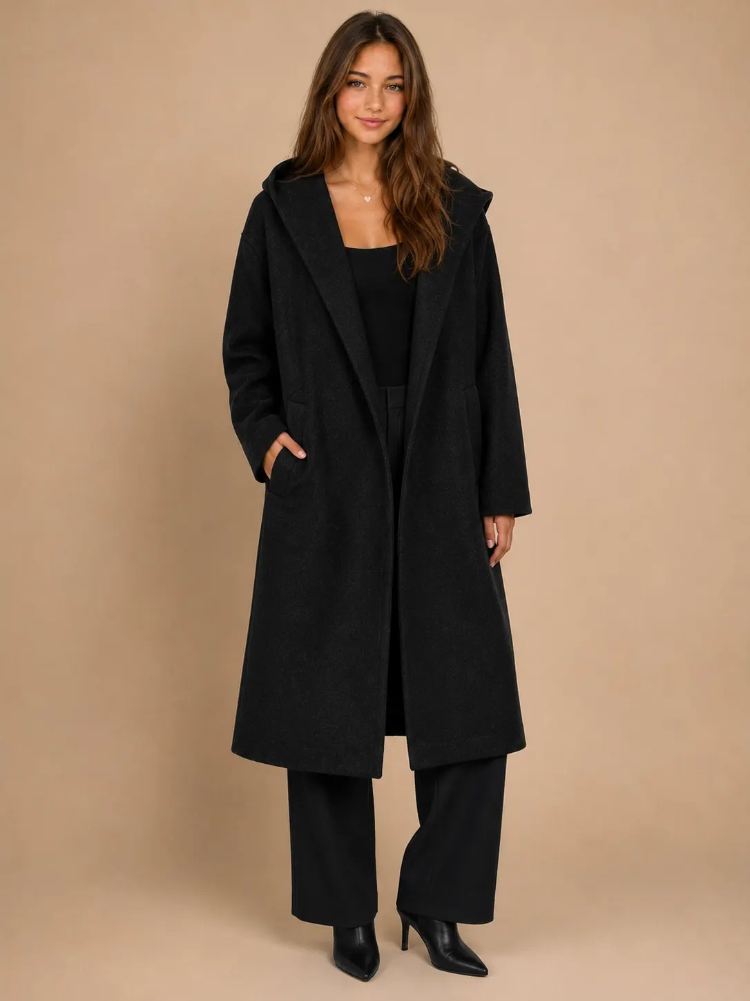 ZARA Black Heather Oversized Hooded Wool-Blend Coat