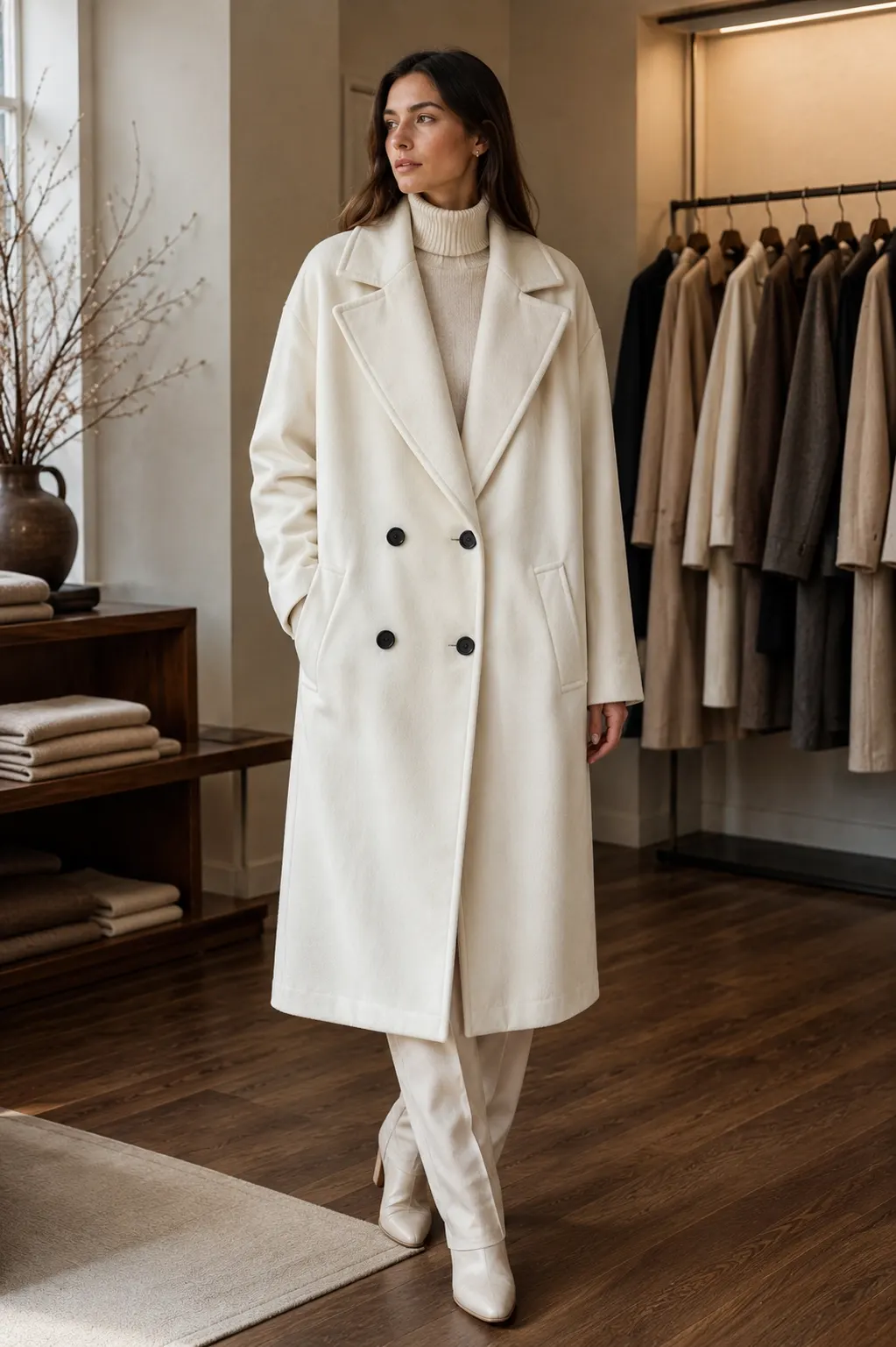 Bershka Ivory Oversized Wide-Lapel Overcoat