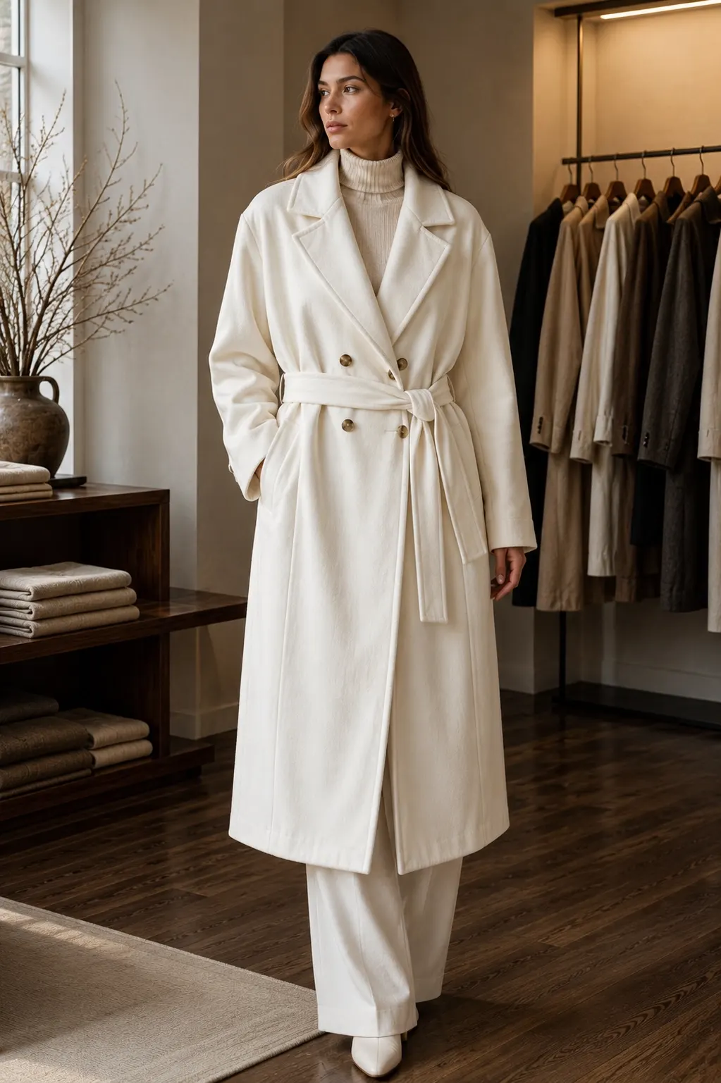 H&M Divided Ivory Belted Double-Breasted Coat
