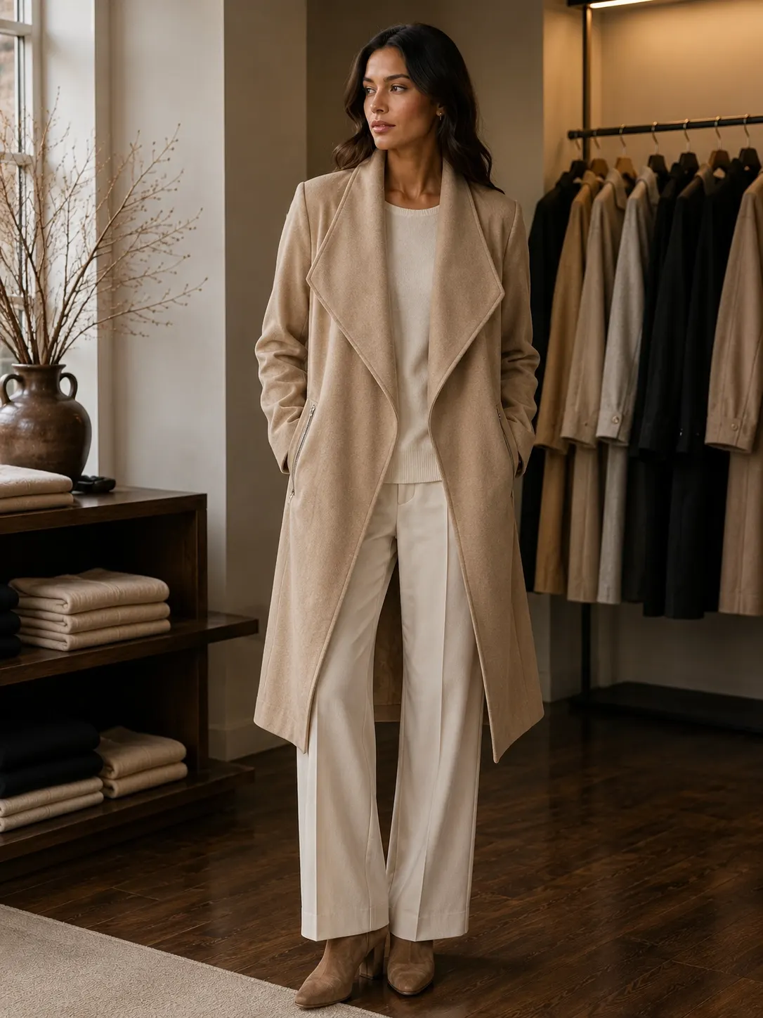 New Look Camel Waterfall Zip-Pocket Coat