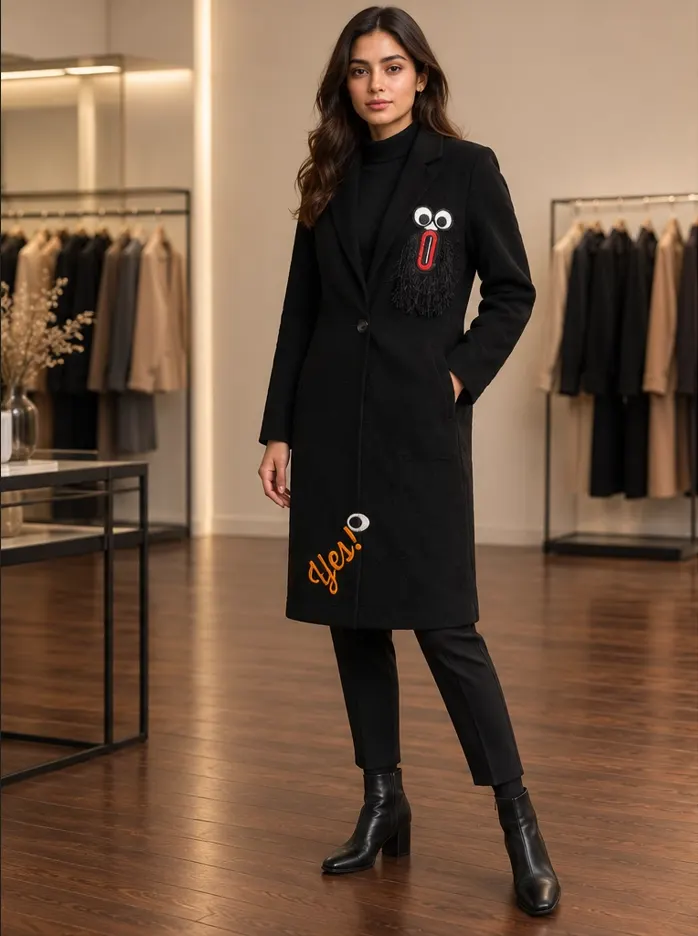 Pancoat Black Embroidered Statement Overcoat