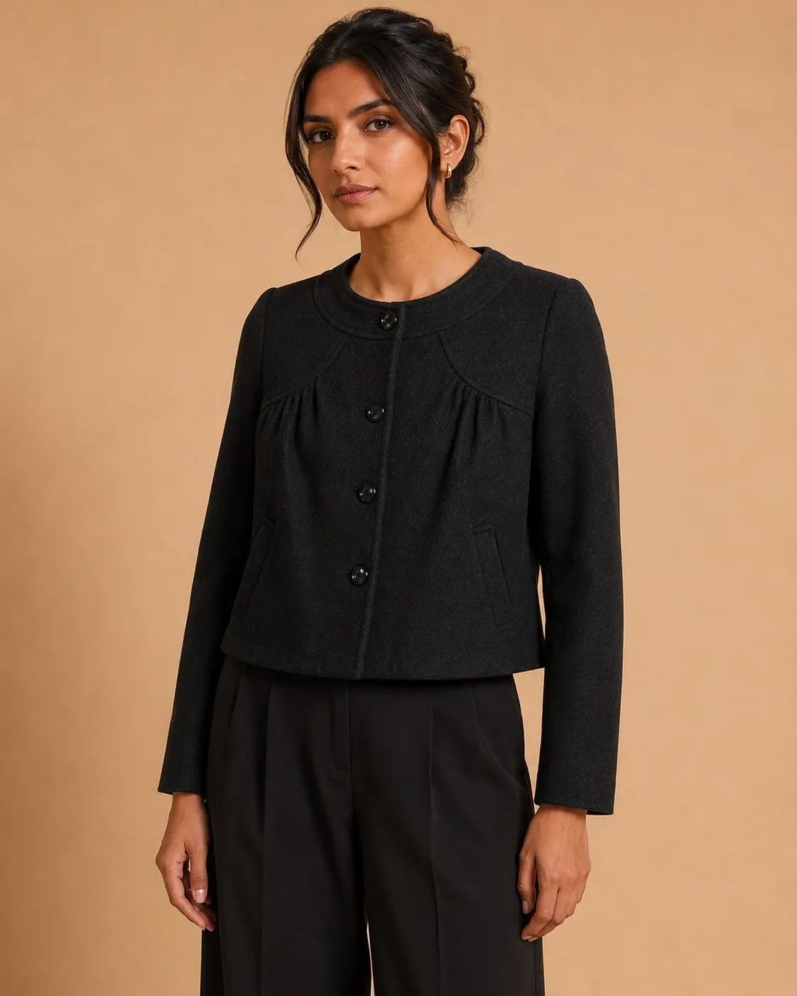 Black Wool Cropped Bow-Back Jacket