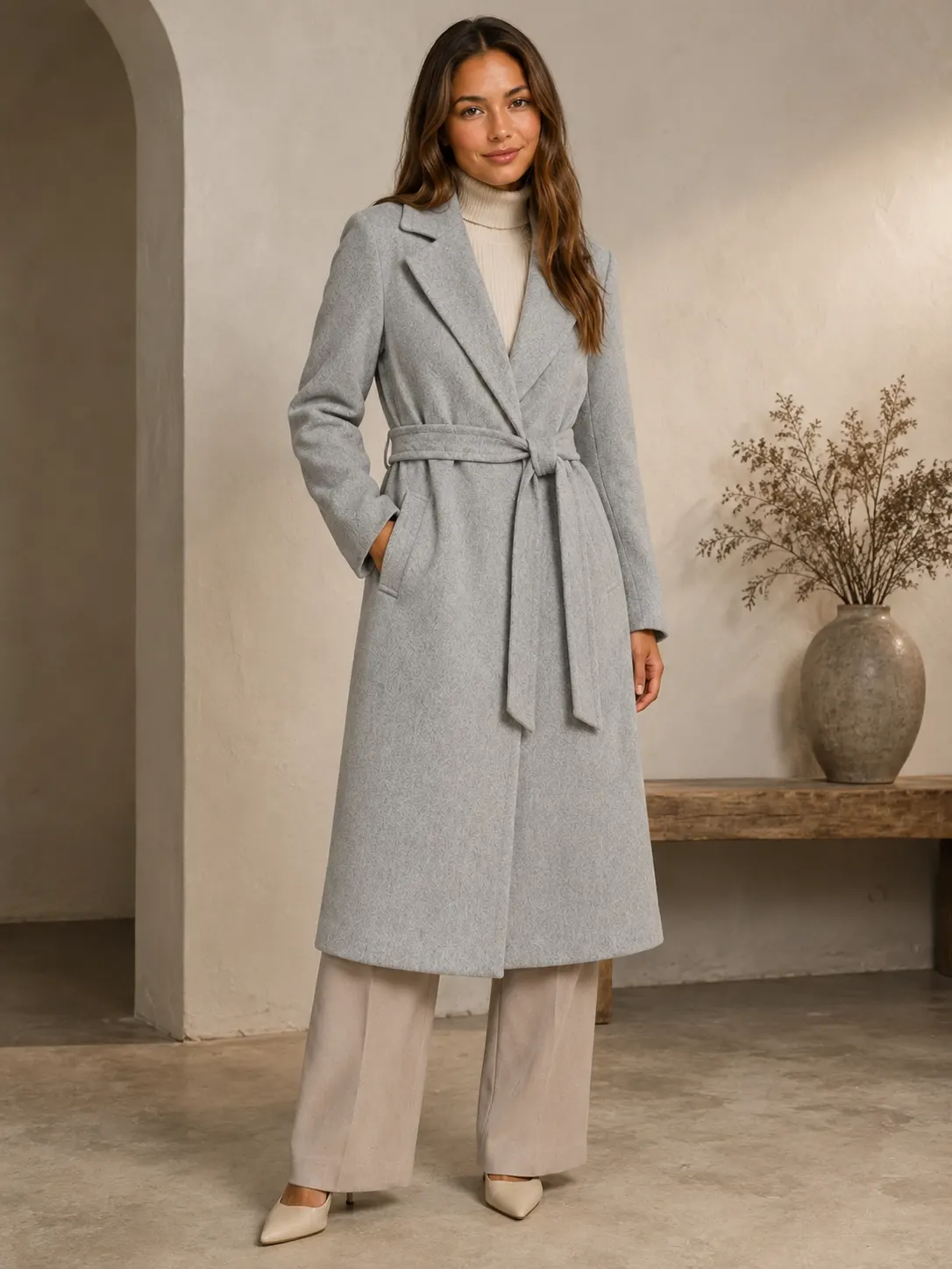 New Look Heather Grey Belted Wool Coat
