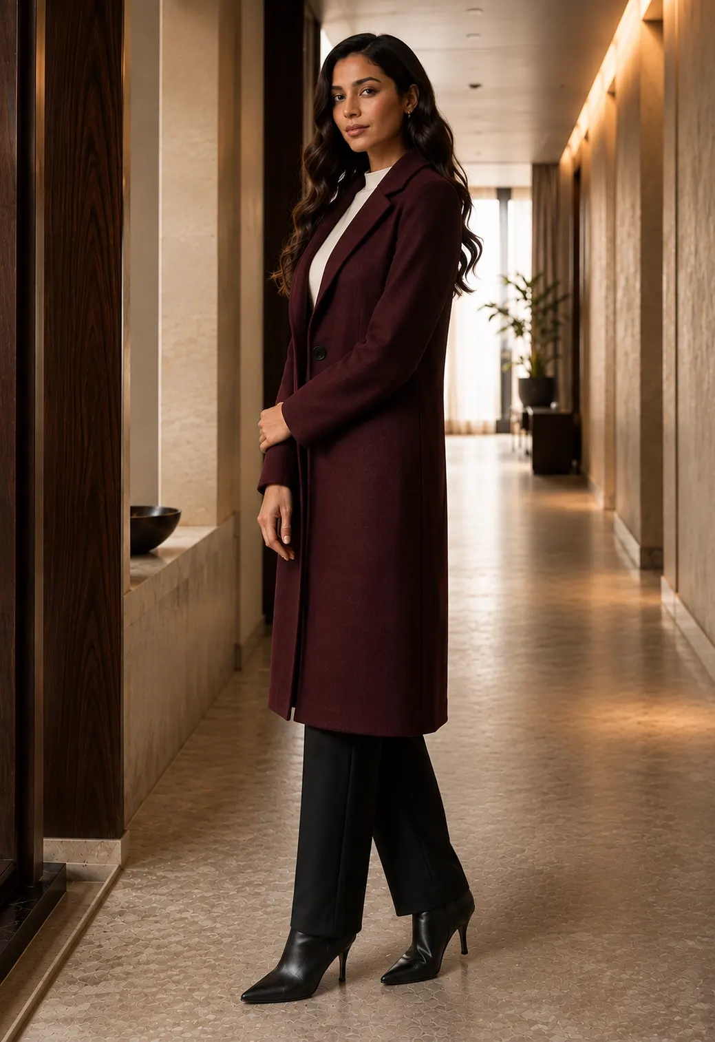 ZARA Deep Burgundy Single-Button Long Wool-Blend Coat