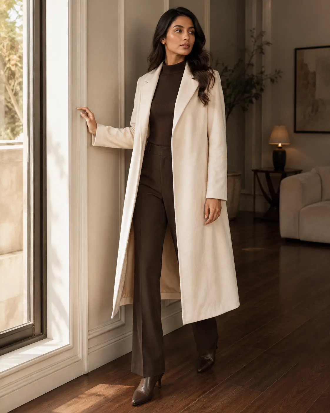 ZARA Ivory Cream Suede-Touch Open-Front Long Coat