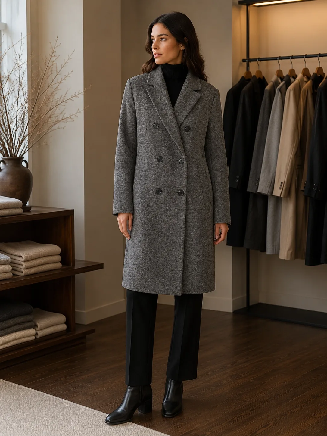 Model front view of Stradivarius Charcoal Double-Breasted Tailored Coat